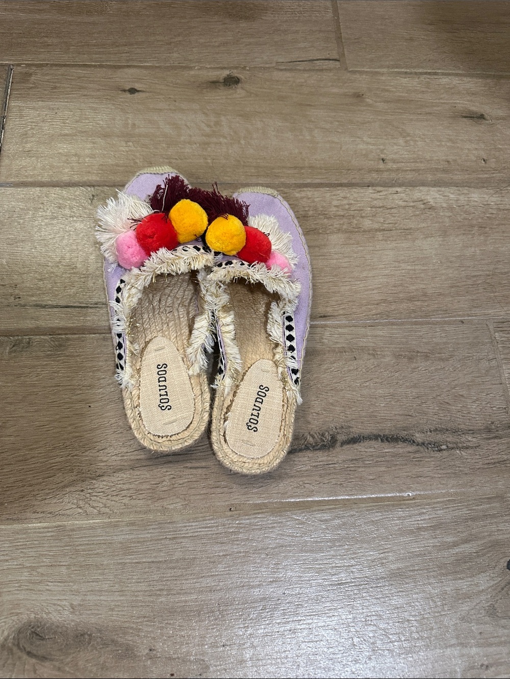 Soludos Lavender Pom Pom Espadrille Slide with Multicolor Poms